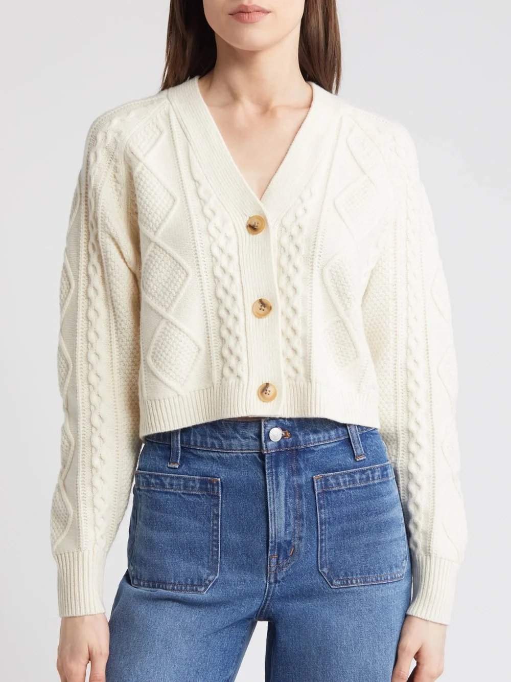 Madewell Cable Knit V-Neck Crop Cottagecore Cardigan Sweater in Cream Size Small